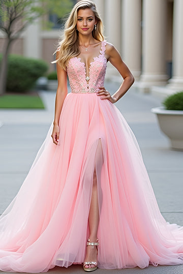 Paillettes Fard à joues rose A-ligne profond V Tulle Appliques Robe longue de bal avec fente